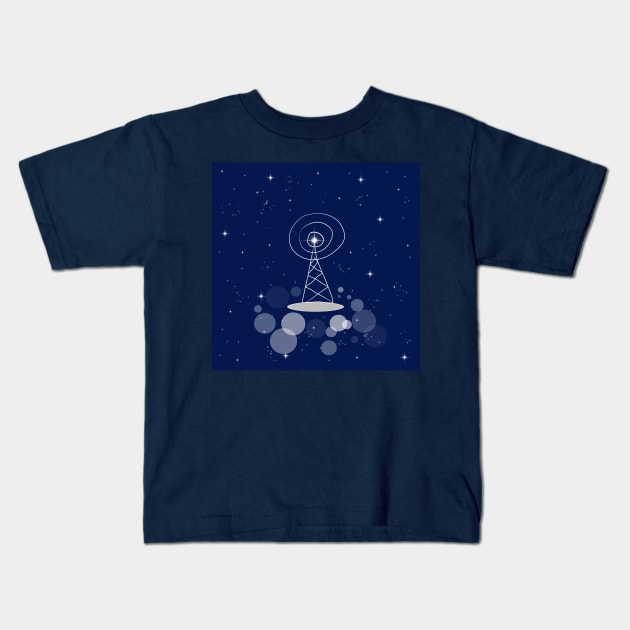 antenna, communication, television, internet, illustration, night, modern, technology, light, shine, glitter, stars, space, galaxy, cosmos Kids T-Shirt by grafinya